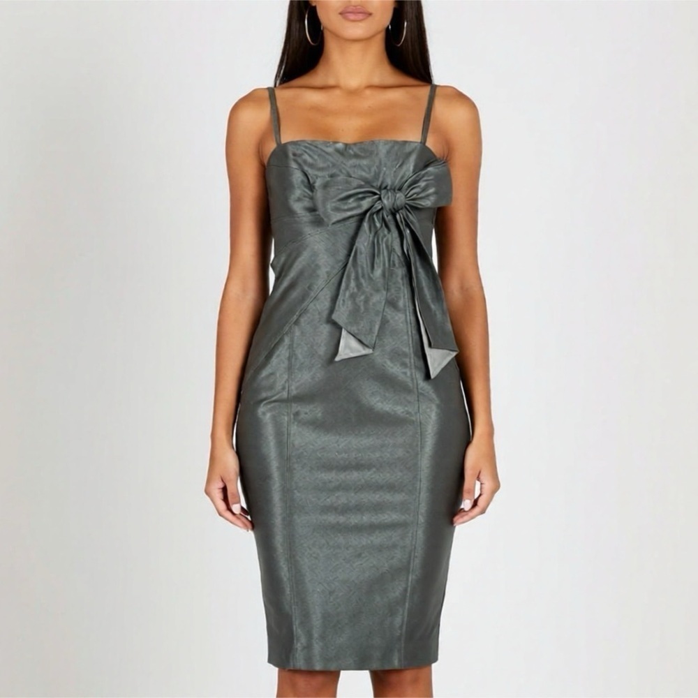 Ted Baker Grey Dress Bow Spagetti Strap Size 2 Wool Silk Blend Fitted Sheath